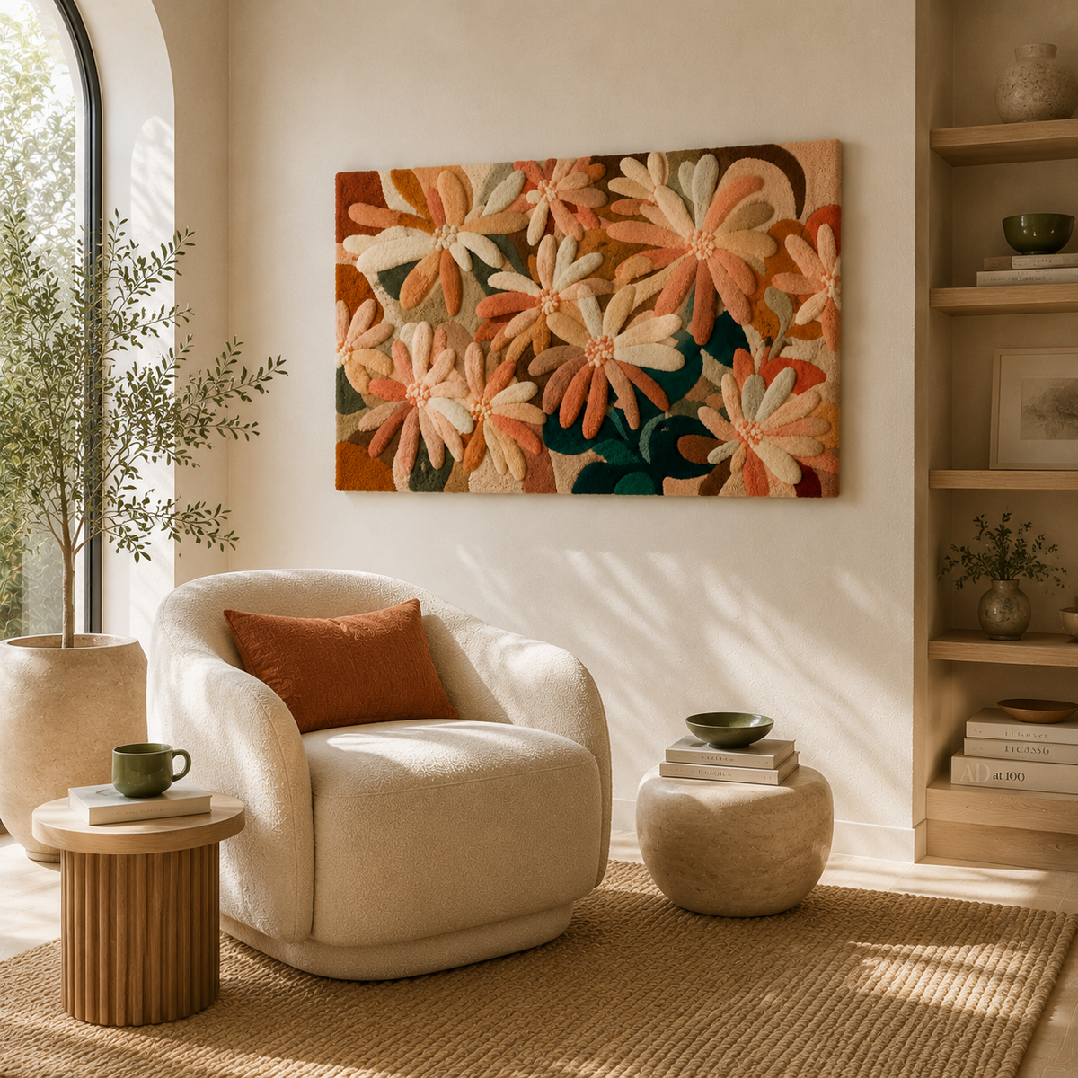 Hewn Earth Daisy Field wall art featuring vibrant yellow daisies and green foliage on a textured background.