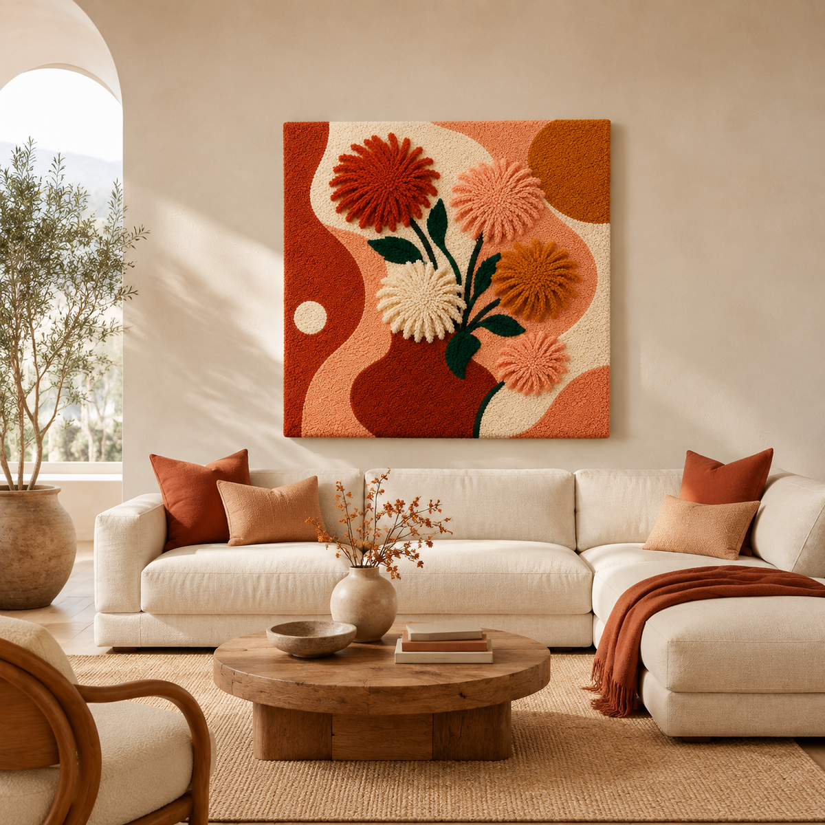 Hewn Earth Chrysanthemum Vase wall art featuring a detailed floral design in a decorative wall hanging style.