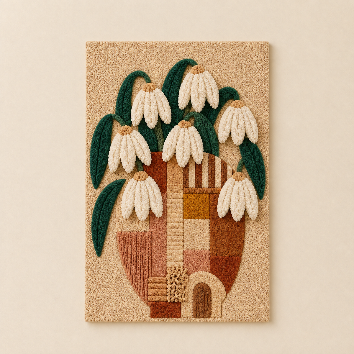 Hewn Earth Snowdrop Bouquet wall art, botanical illustration featuring delicate snowdrop flowers on a neutral background.