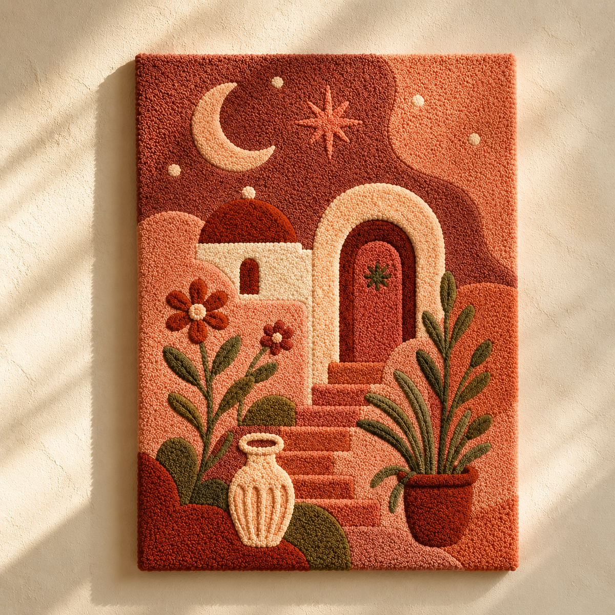 Hewn Earth Adobe Moon Landscape wall art print featuring a serene night scene with a glowing moon and natural earthy tones.