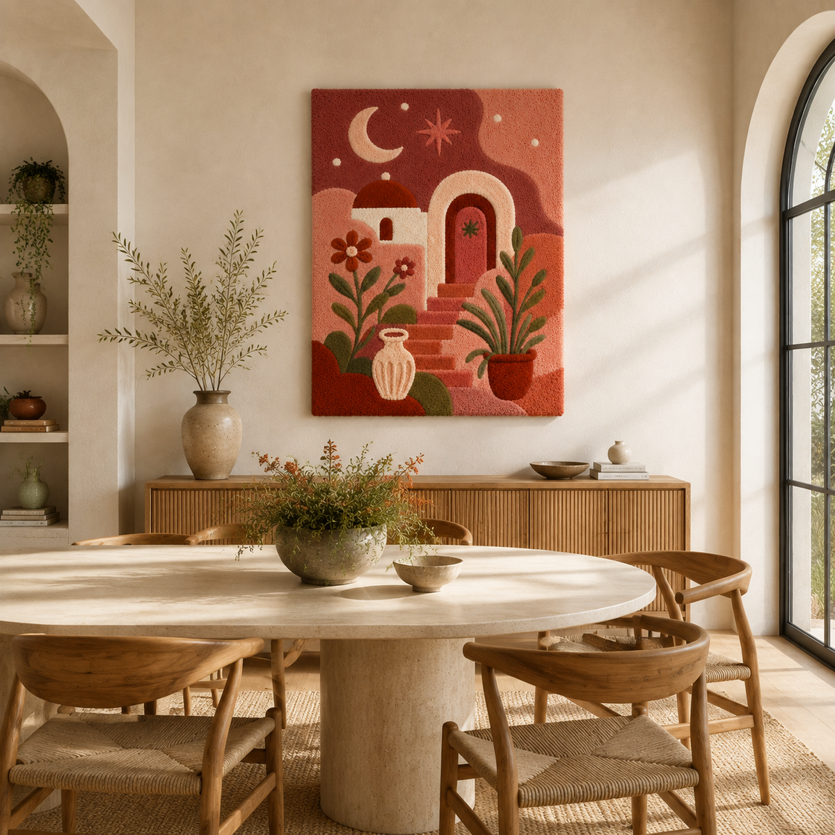 Hewn Earth Adobe Moon Landscape wall art featuring a serene moonlit scene with earthy tones and detailed celestial imagery.