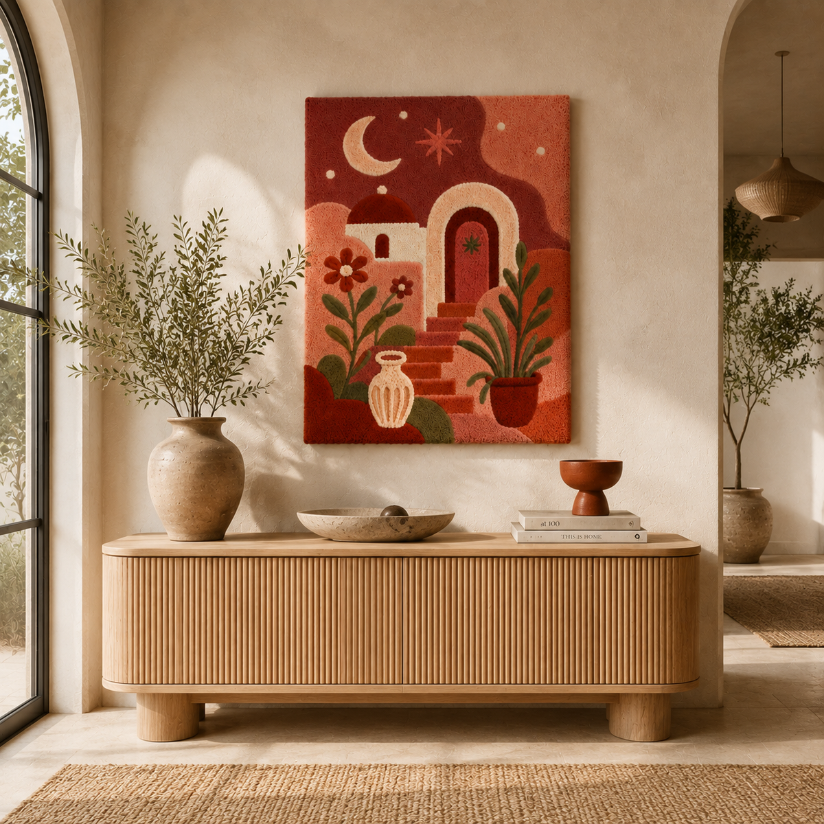 Hewn Earth Adobe Moon Landscape wall art featuring a serene moonlit night scene with textured, artistic design.