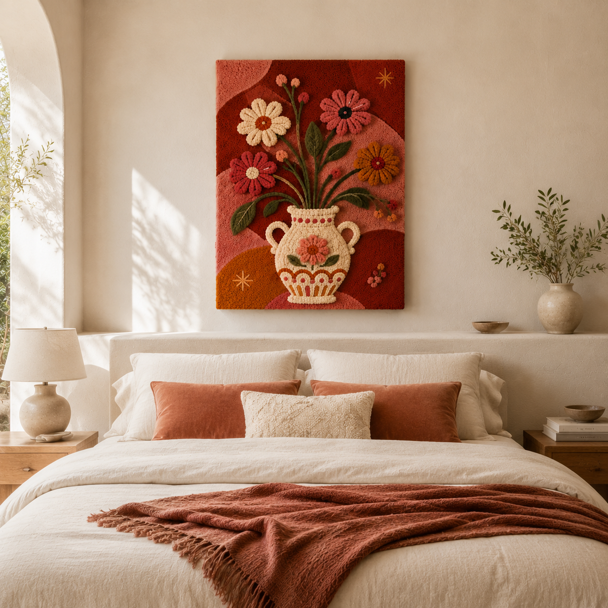 Hewn Earth Folk Vase Bouquet wall art featuring a vibrant, hand-painted floral design on a rectangular canvas.