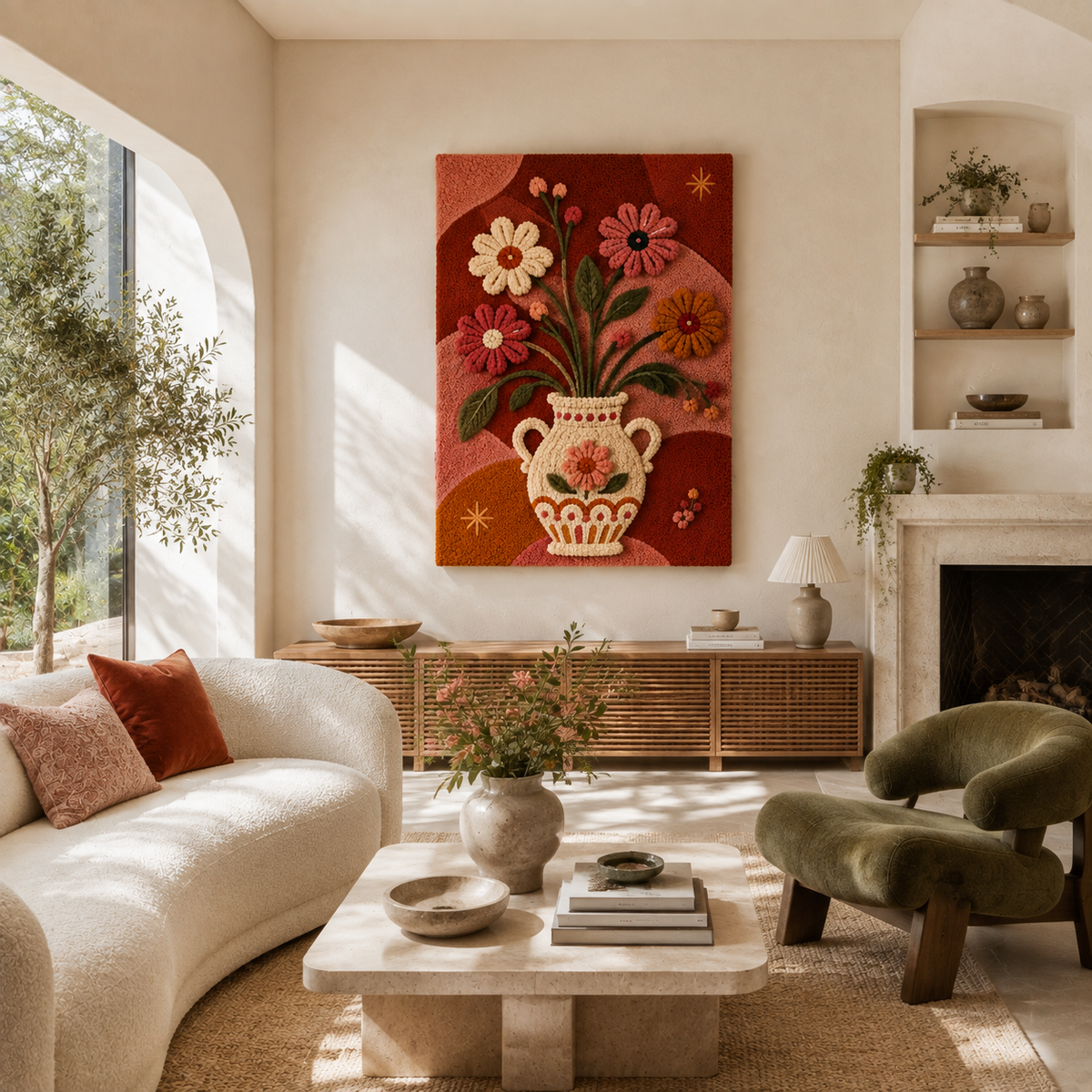 Hewn Earth Folk Vase Bouquet wall art featuring a colorful floral design on a textured background.