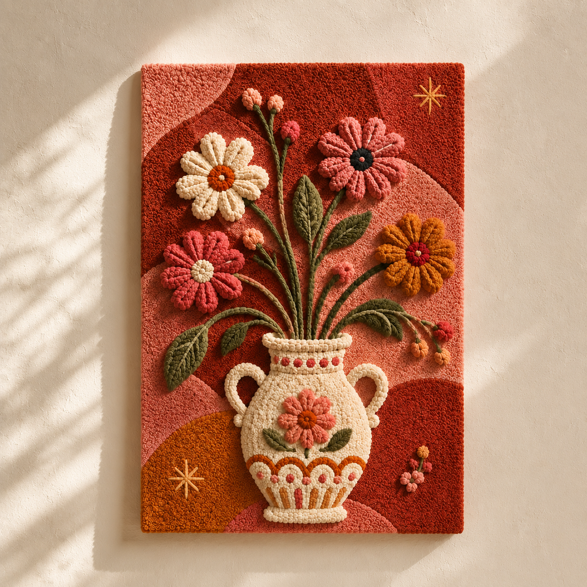 Hewn Earth Folk Vase Bouquet wall art featuring a vibrant, handcrafted floral design in a folk art style on a textured background