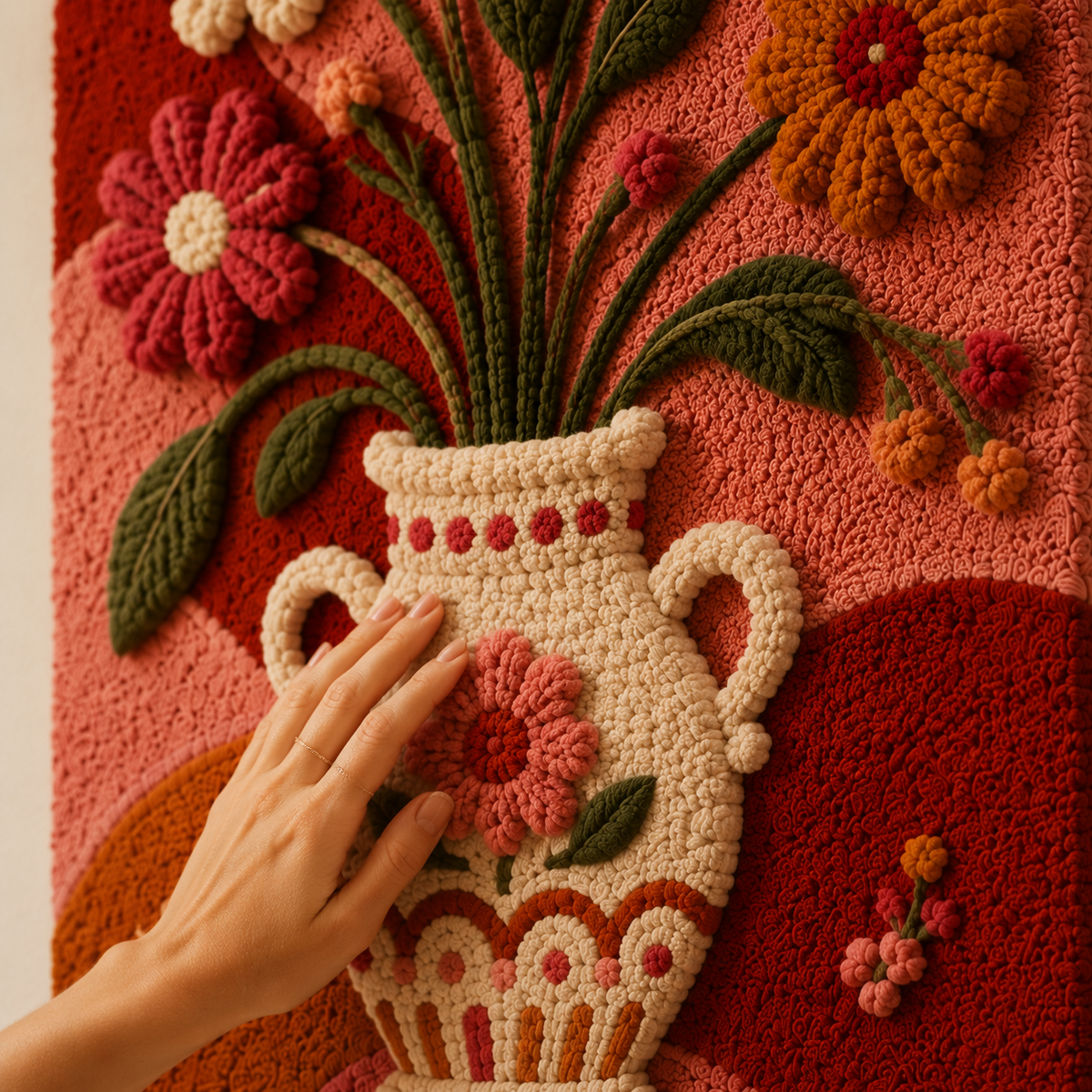 Hewn Earth Folk Vase Bouquet wall art featuring a colorful floral design on a textured background.