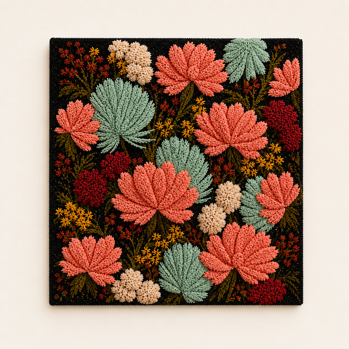 Hewn Earth Boho Bloom wall art featuring vibrant floral design on black background, decorative home decor piece.