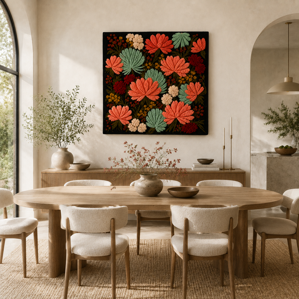 Boho Bloom wall art by Hewn Earth featuring vibrant floral design on black background, perfect for bohemian decor.