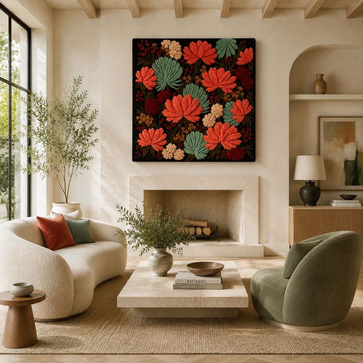 Hewn Earth Boho Bloom on Black wall art featuring vibrant floral design on black background, modern bohemian decor piece