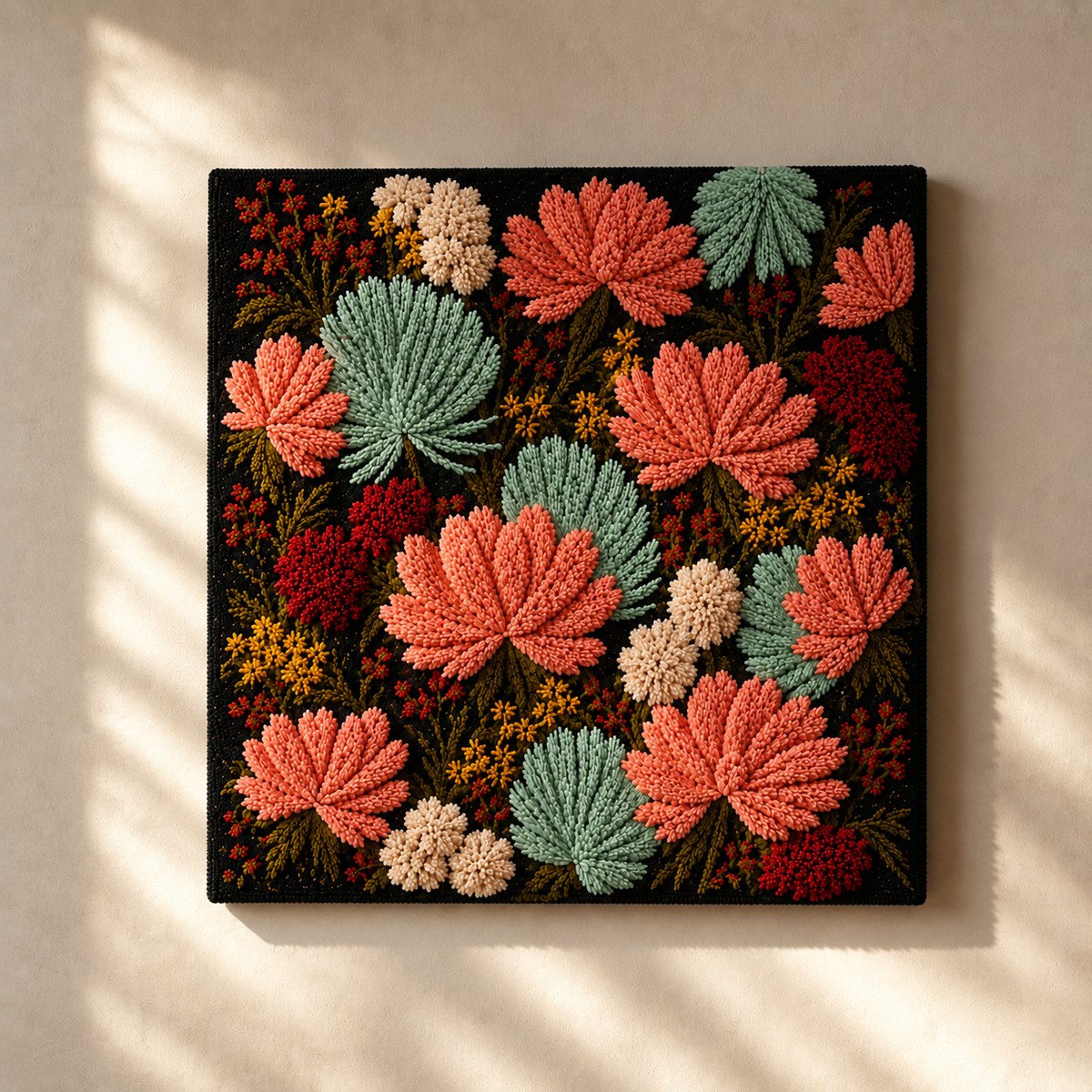 Hewn Earth Boho Bloom wall art featuring vibrant floral design on a black background, perfect for bohemian interior decor