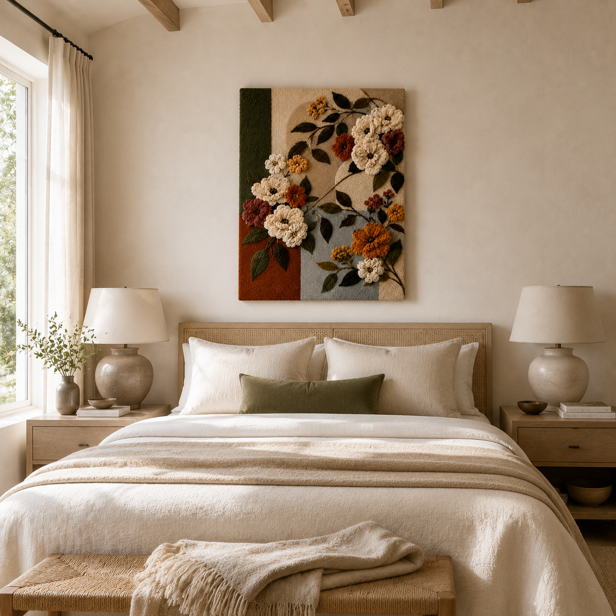 Hewn Earth Boho floral bouquet wall art, vibrant and detailed handmade wall decor featuring colorful flowers and natural design.