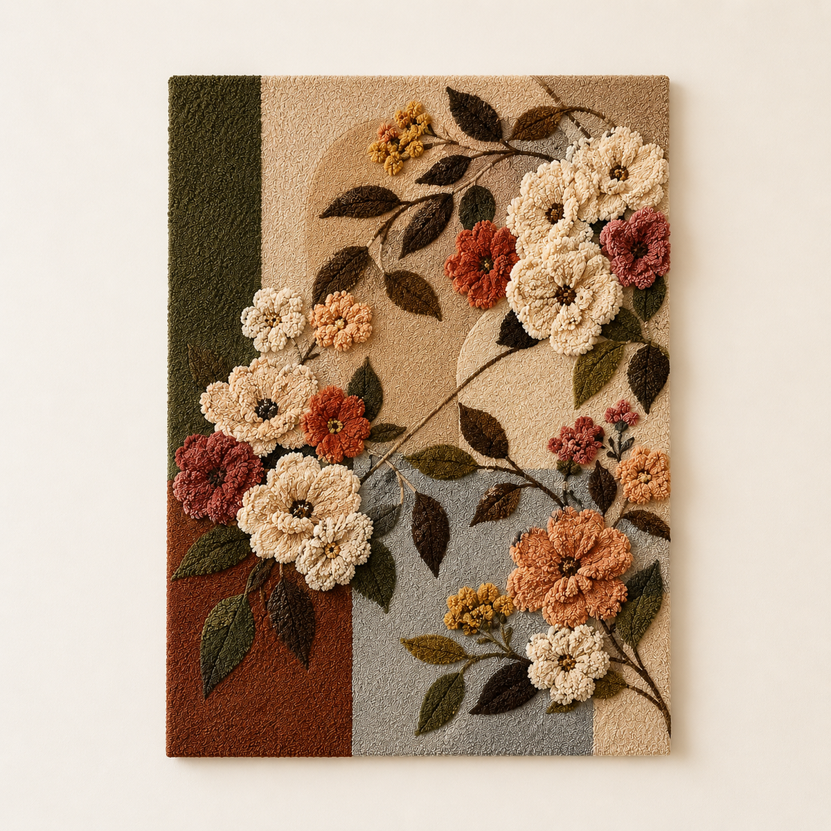 Hewn Earth Boho floral bouquet wall art, vibrant mixed flowers in a decorative arrangement on canvas or print.