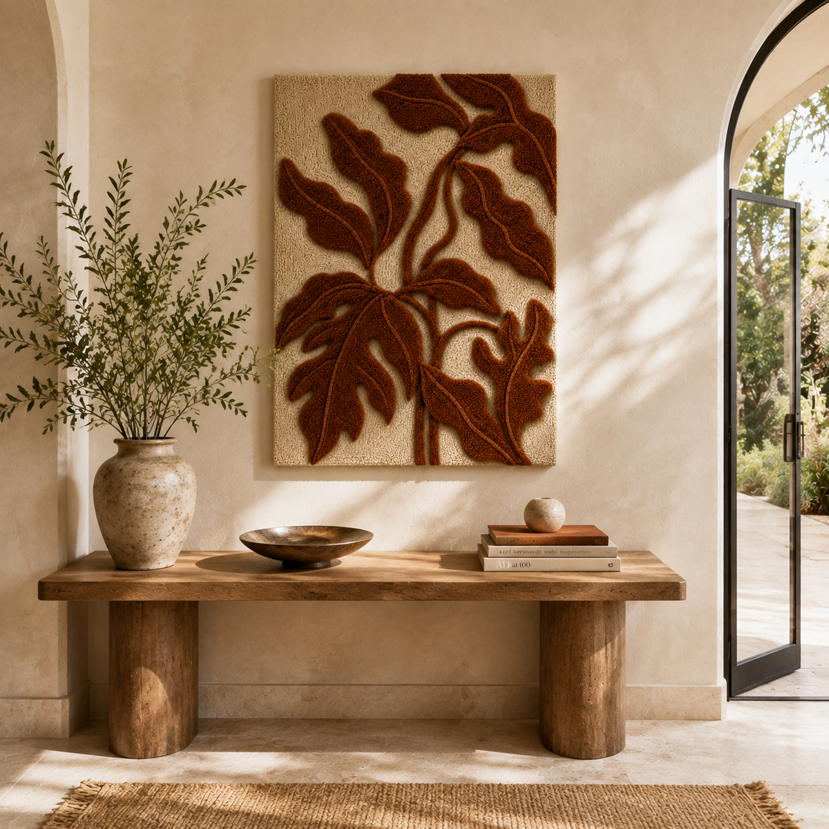 Rust leaves silhouette wall art by Hewn Earth showing a detailed autumn leaf design on a neutral background.