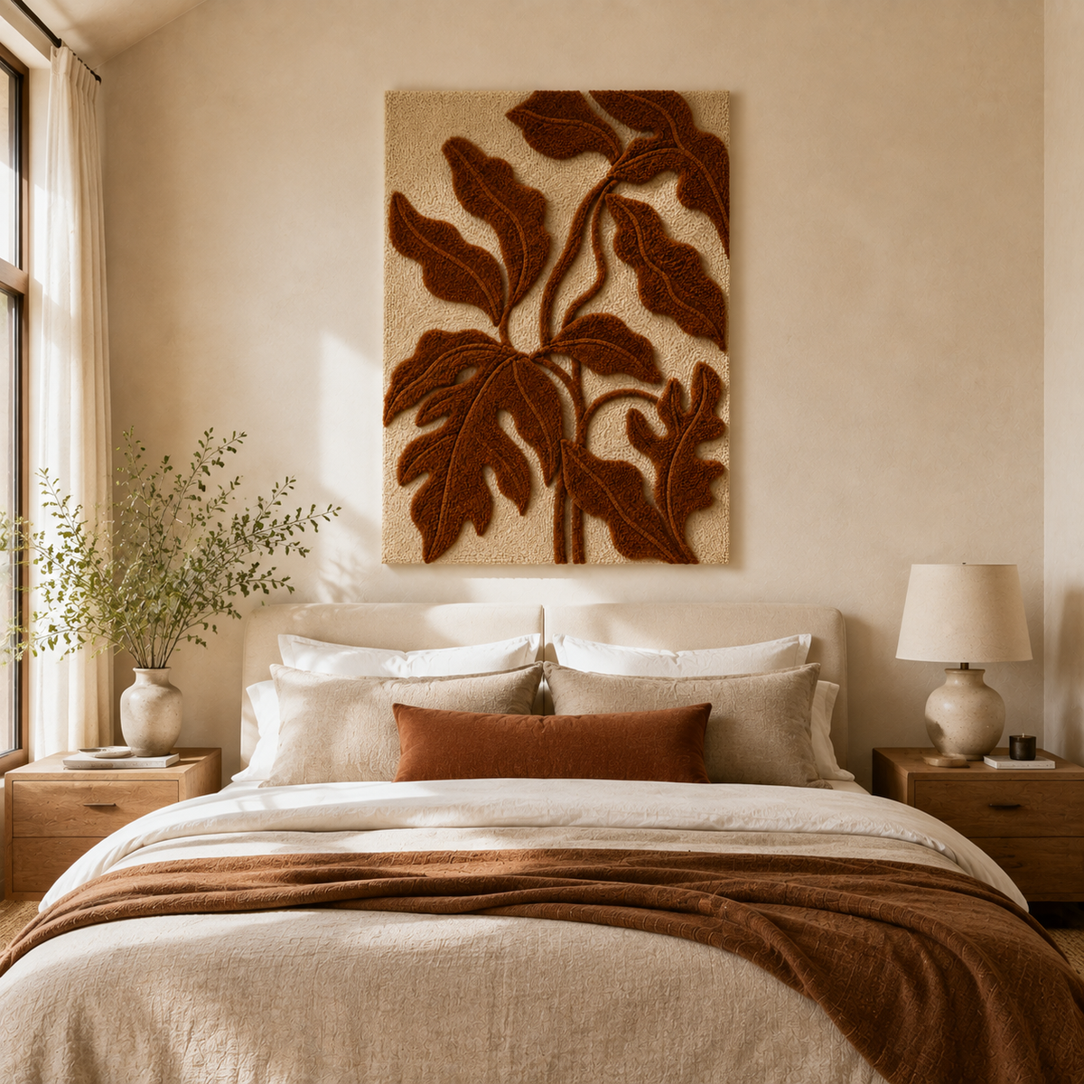 Rust-colored leaves silhouette wall art by Hewn Earth, featuring abstract leaf shapes on a neutral background.