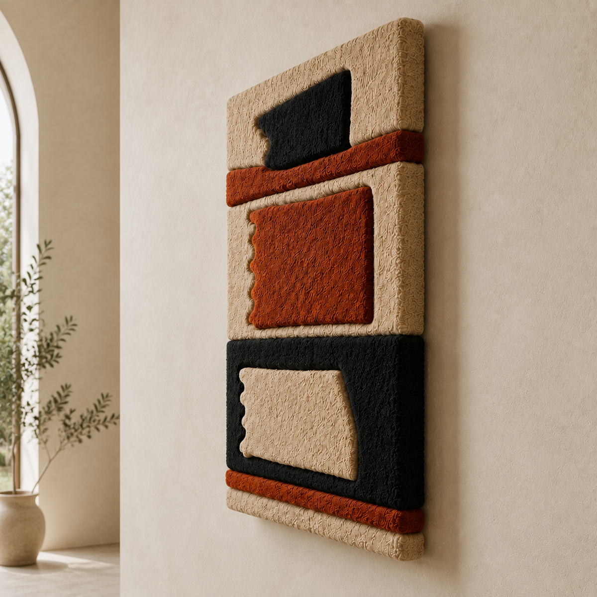 Modernist abstract wall art by Hewn Earth, stacked design with geometric shapes in neutral tones, suitable for contemporary interiors.