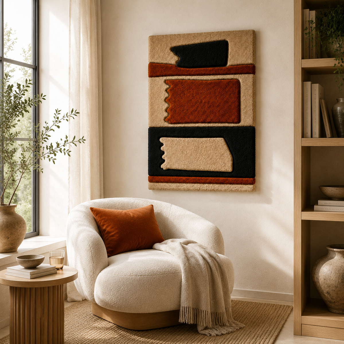 Modernist abstract wall art by Hewn Earth, featuring stacked geometric shapes in a contemporary design.