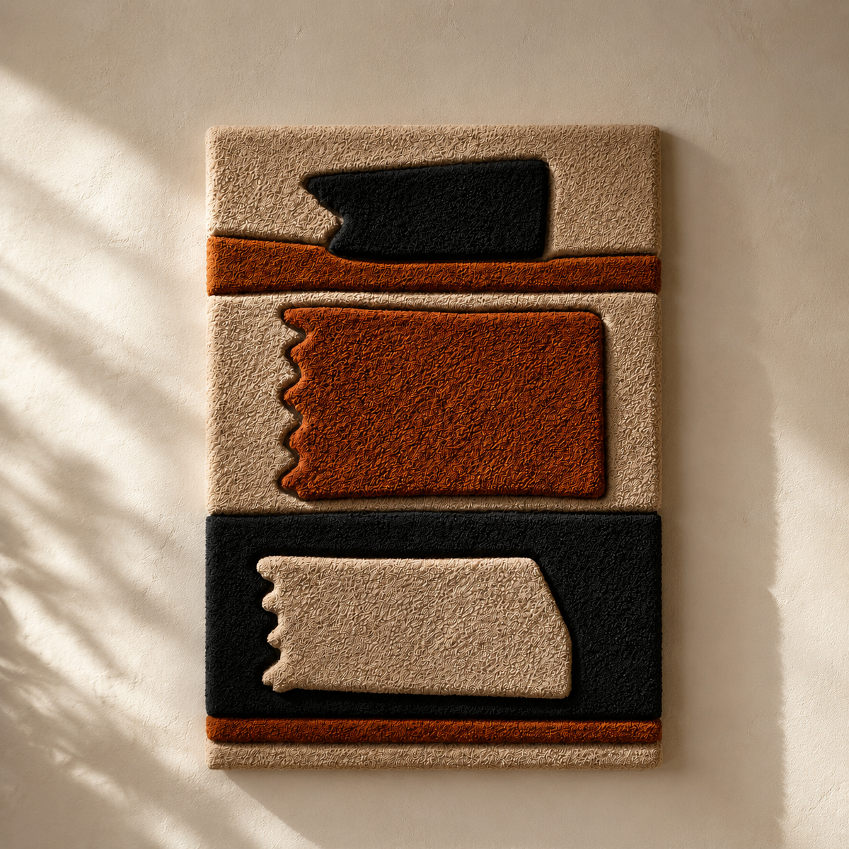 Modernist abstract wall art by Hewn Earth, stacked geometric design in earthy tones, suitable for contemporary interior decor.