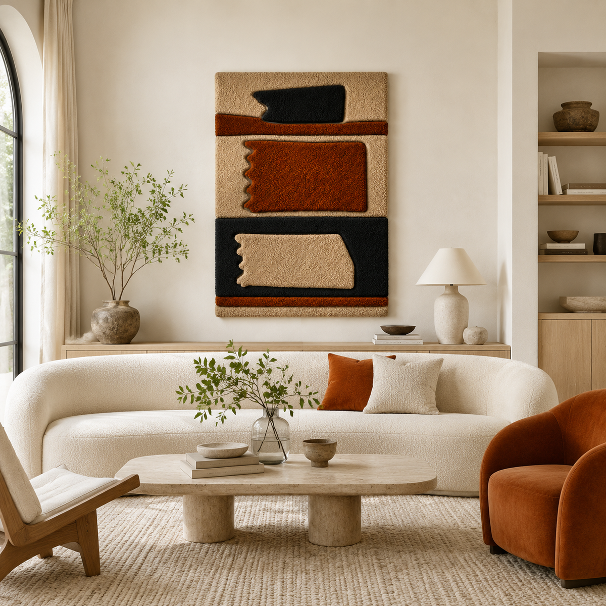 Modernist abstract wall art by Hewn Earth, featuring stacked geometric shapes in earthy tones.