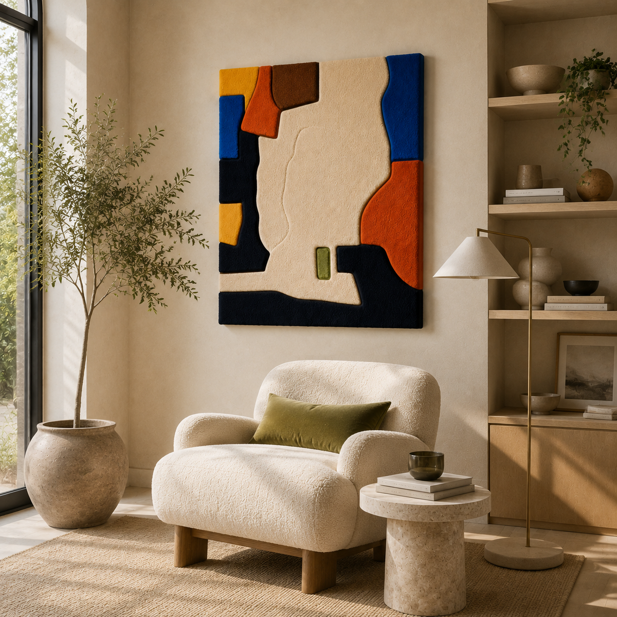 Colorful mid-century abstract wall art by Hewn Earth featuring vibrant geometric shapes on a white background.