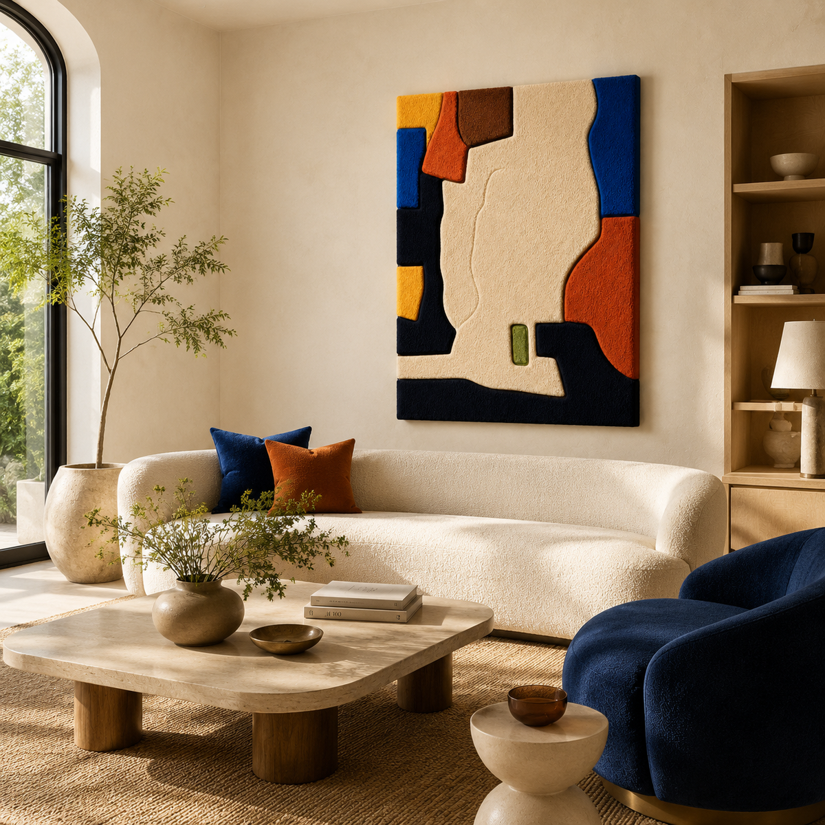 Colorful mid-century abstract wall art by Hewn Earth featuring vibrant geometric shapes and bold colors on a textured canvas.