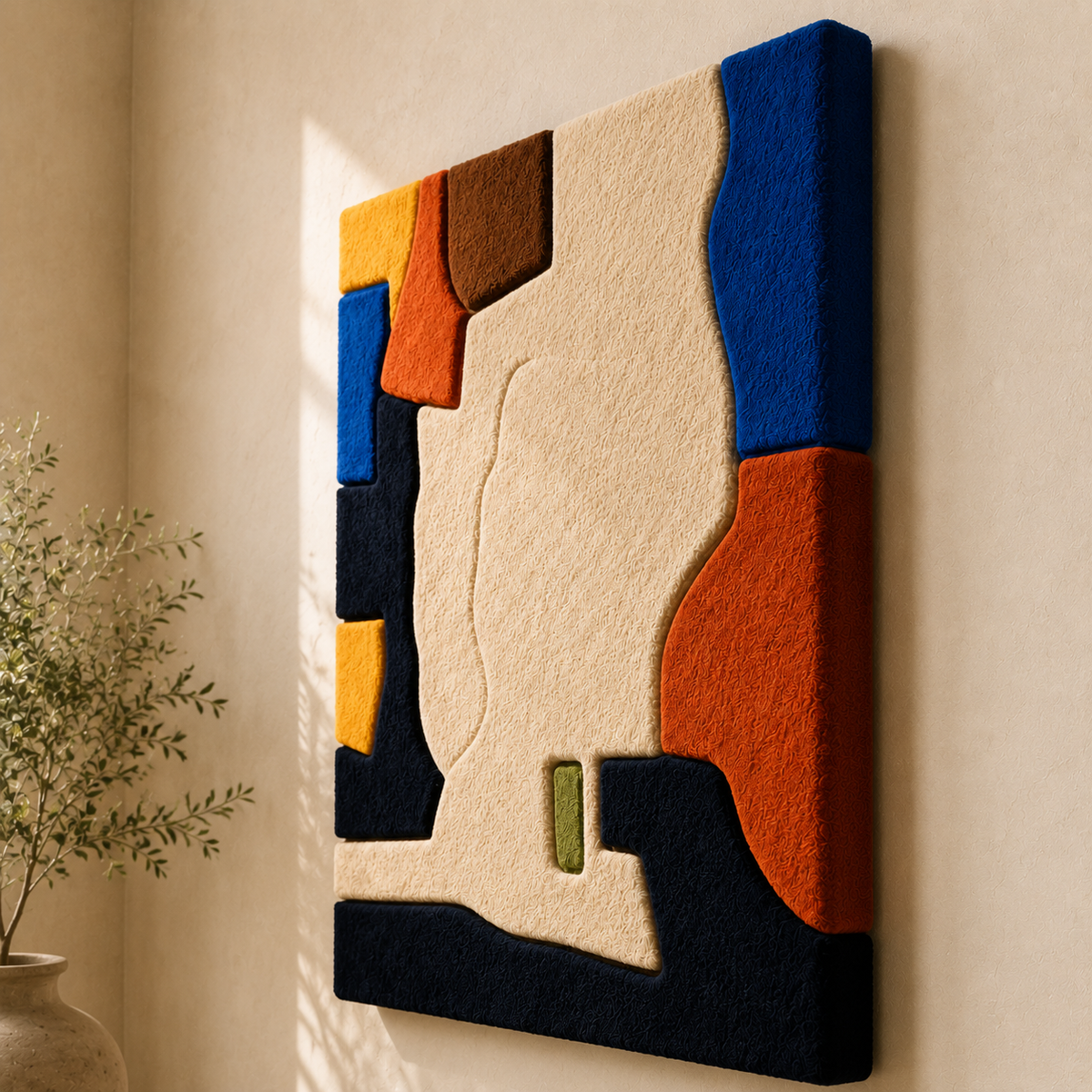 Colorful mid-century abstract wall art by Hewn Earth featuring vibrant geometric shapes and bold colors.