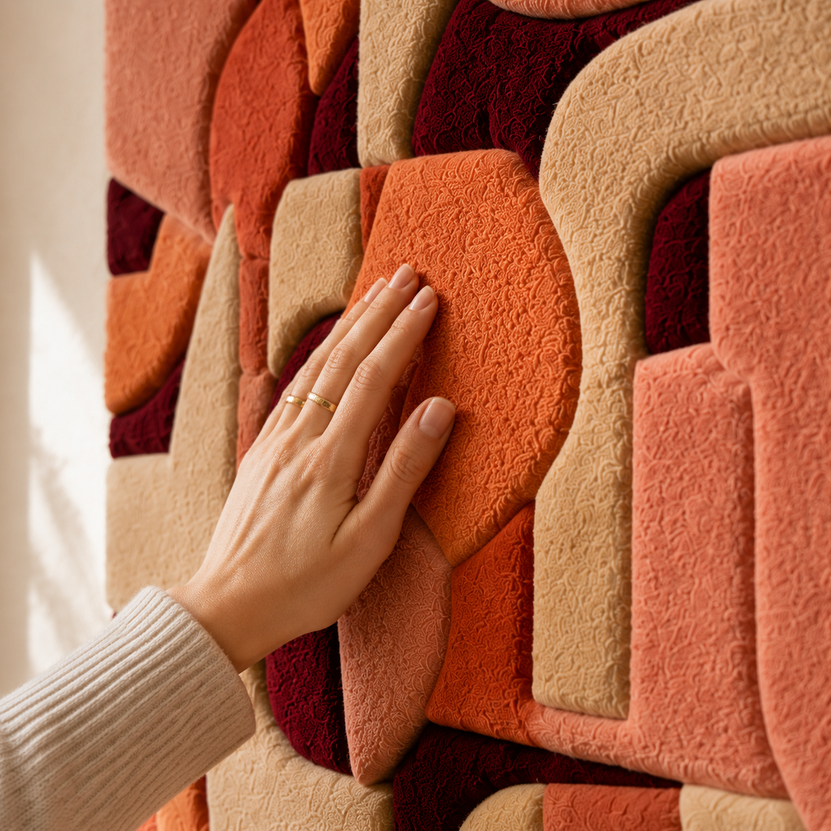 Hewn Earth Cubist Coral Abstract wall art, vibrant geometric design in coral tones, suitable for modern home decor.