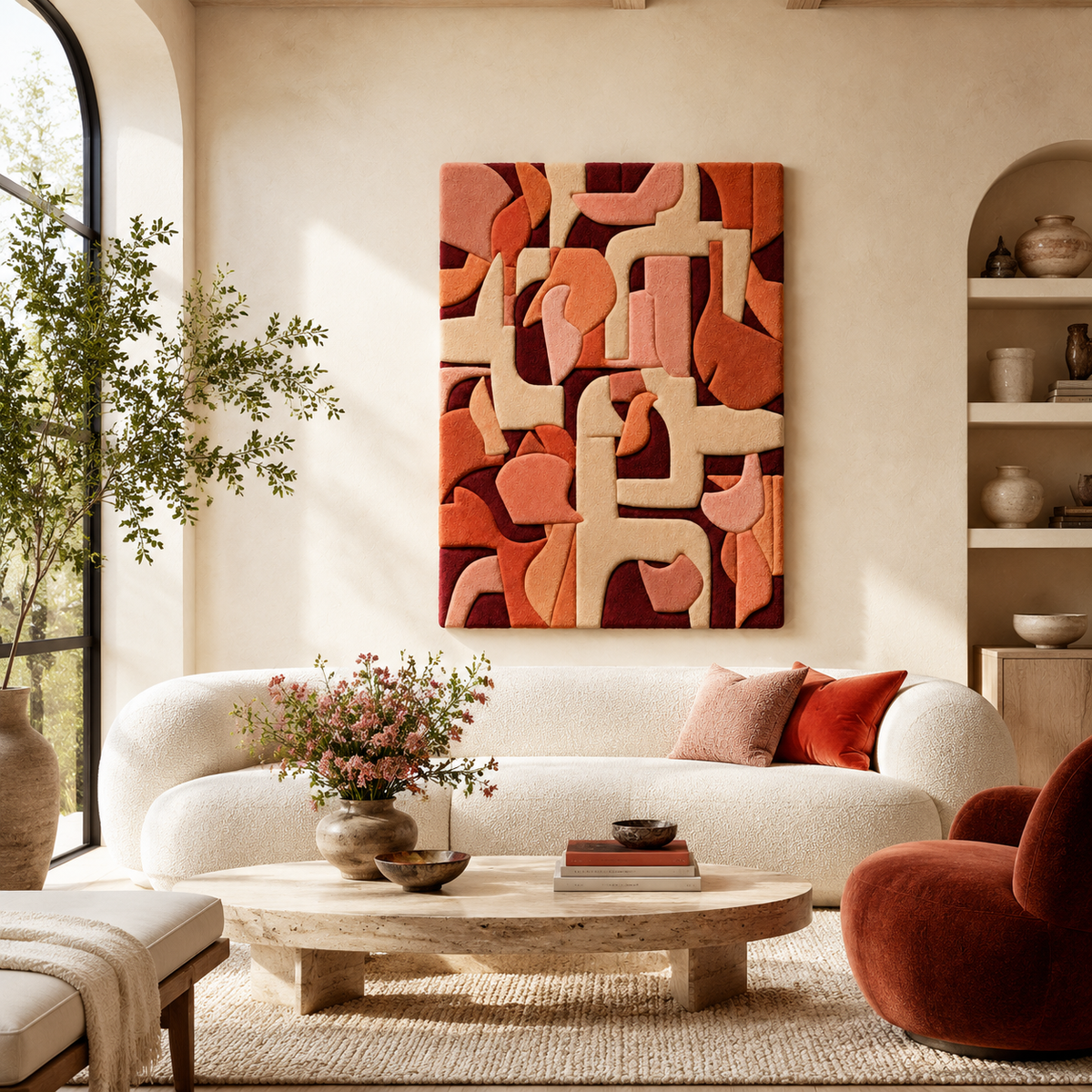 Hewn Earth Cubist Coral Abstract wall art with vibrant coral and geometric shapes, perfect for modern home decor.