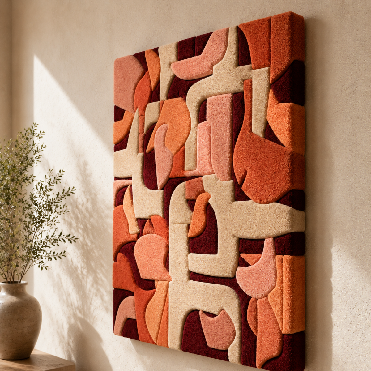 Hewn Earth Cubist Coral Abstract wall art featuring vibrant coral hues and geometric shapes on a neutral background.