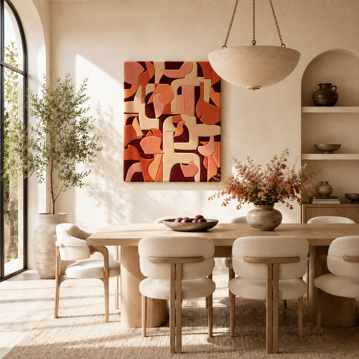 Hewn Earth Cubist Coral Abstract wall art, vibrant colorful geometric design for modern home decor.