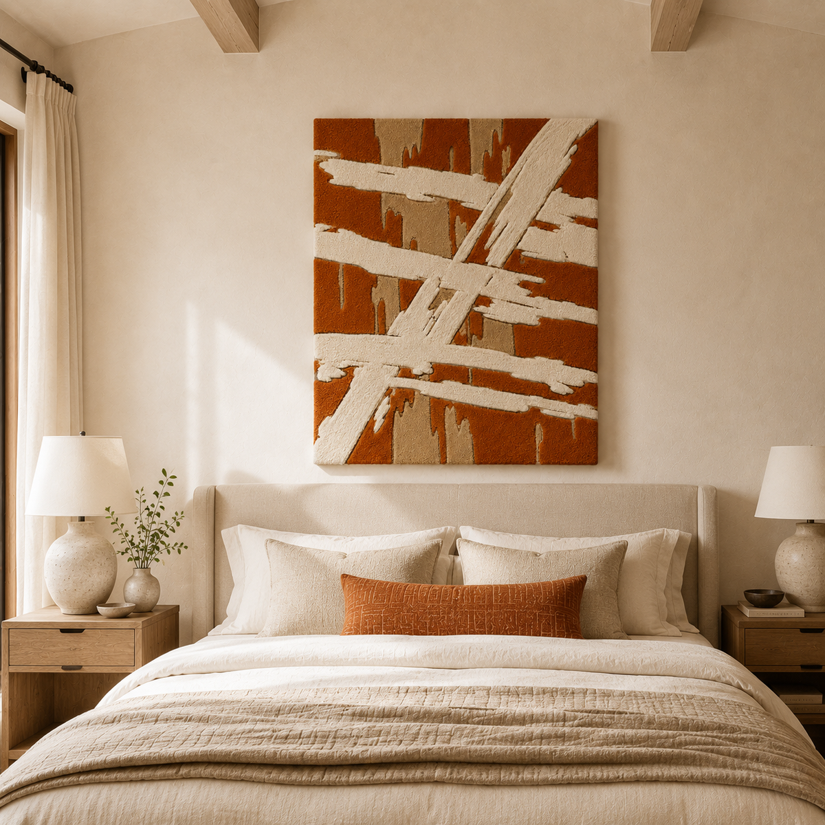 Abstract wall art featuring cream strokes on a rust-colored background by Hewn Earth, modern decorative wall decor.