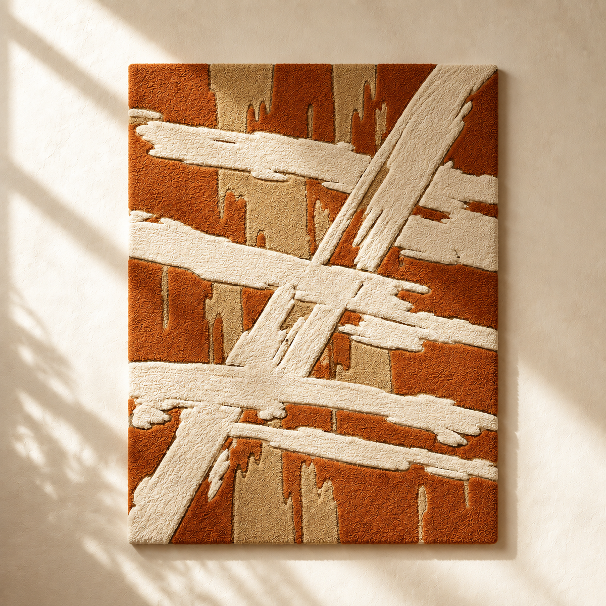 Hewn Earth Cream Strokes on Rust wall art piece featuring textured cream brushstrokes on a rust-colored background.