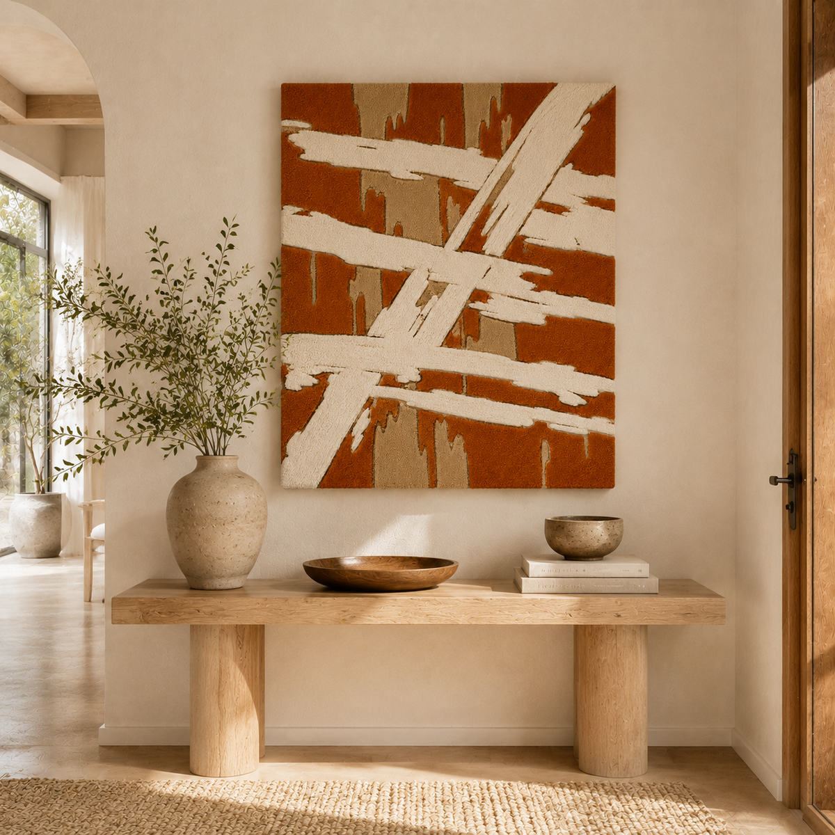 Rust-colored wall art with cream strokes by Hewn Earth, abstract design on canvas for modern home decor.