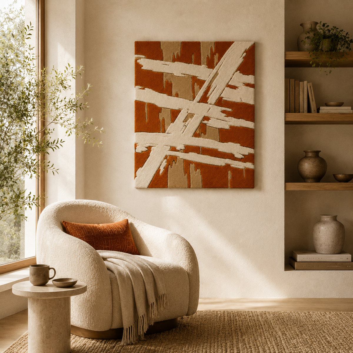 Hewn Earth Cream Strokes on Rust wall art featuring abstract cream brush strokes on rust-colored background.