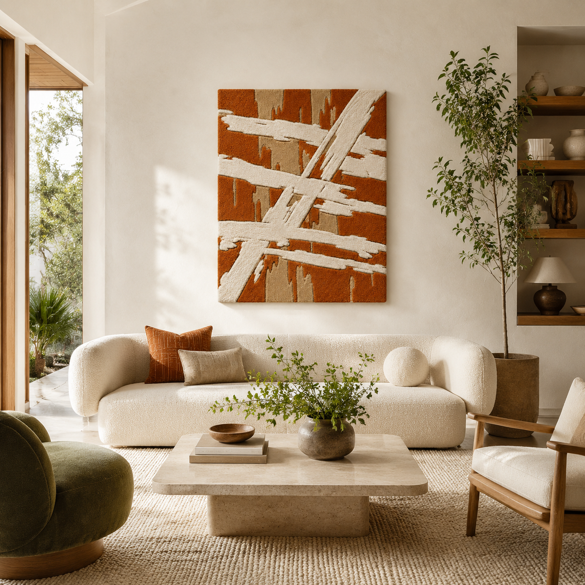 Rust-colored wall art featuring cream strokes on textured surface by Hewn Earth, modern abstract wall decor.