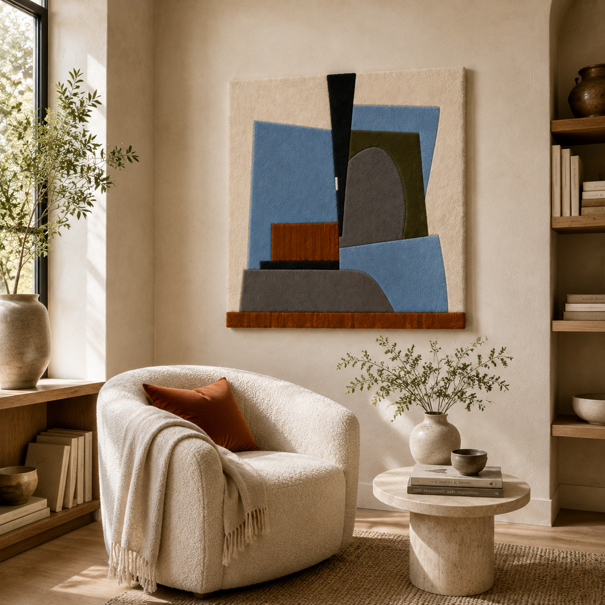 Hewn Earth Nicholson Cubist Abstract wall art in bold geometric shapes and vibrant colors on a canvas.