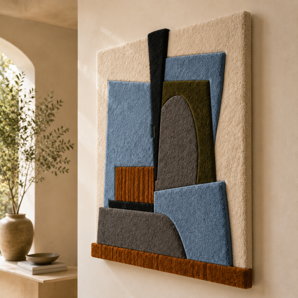 Hewn Earth Nicholson Cubist Abstract wall art featuring geometric shapes and earthy tones, suitable for modern interior decor.