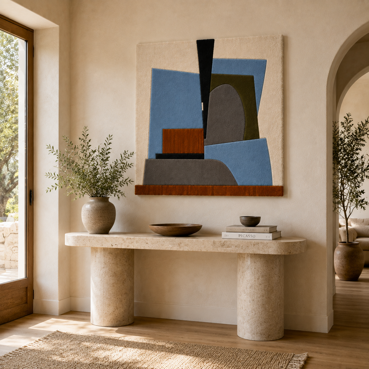 Hewn Earth Nicholson Cubist Abstract wall art with geometric shapes and bold colors, modern art piece for interior decoration.