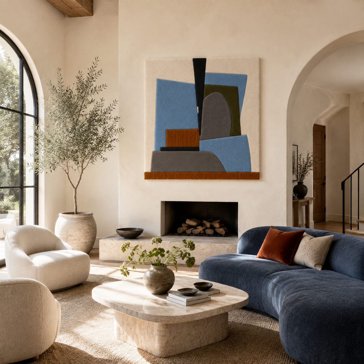 Hewn Earth Nicholson Cubist Abstract wall art with geometric shapes and bold colors, displayed on a neutral wall.