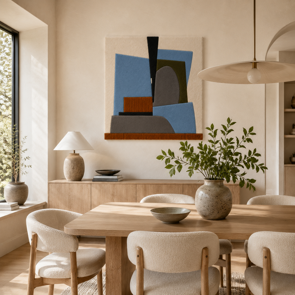 Hewn Earth Nicholson Cubist Abstract wall art in modern geometric design with bold colors on canvas.