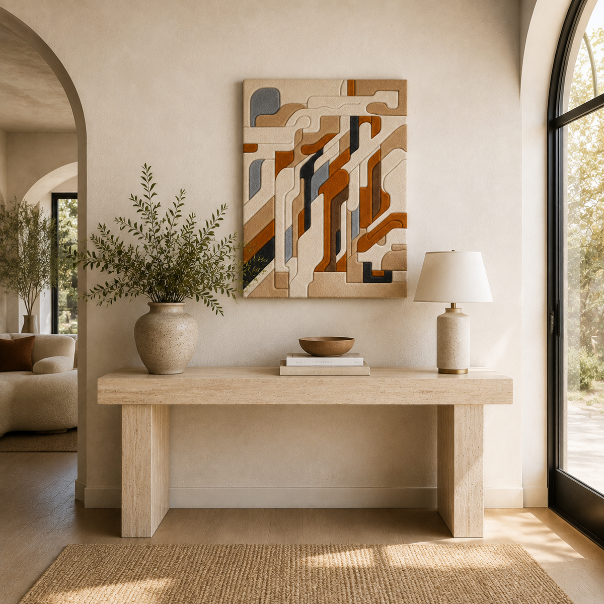 Modernist abstract wall art by Hewn Earth, tubular design with bold geometric shapes in vibrant colors.