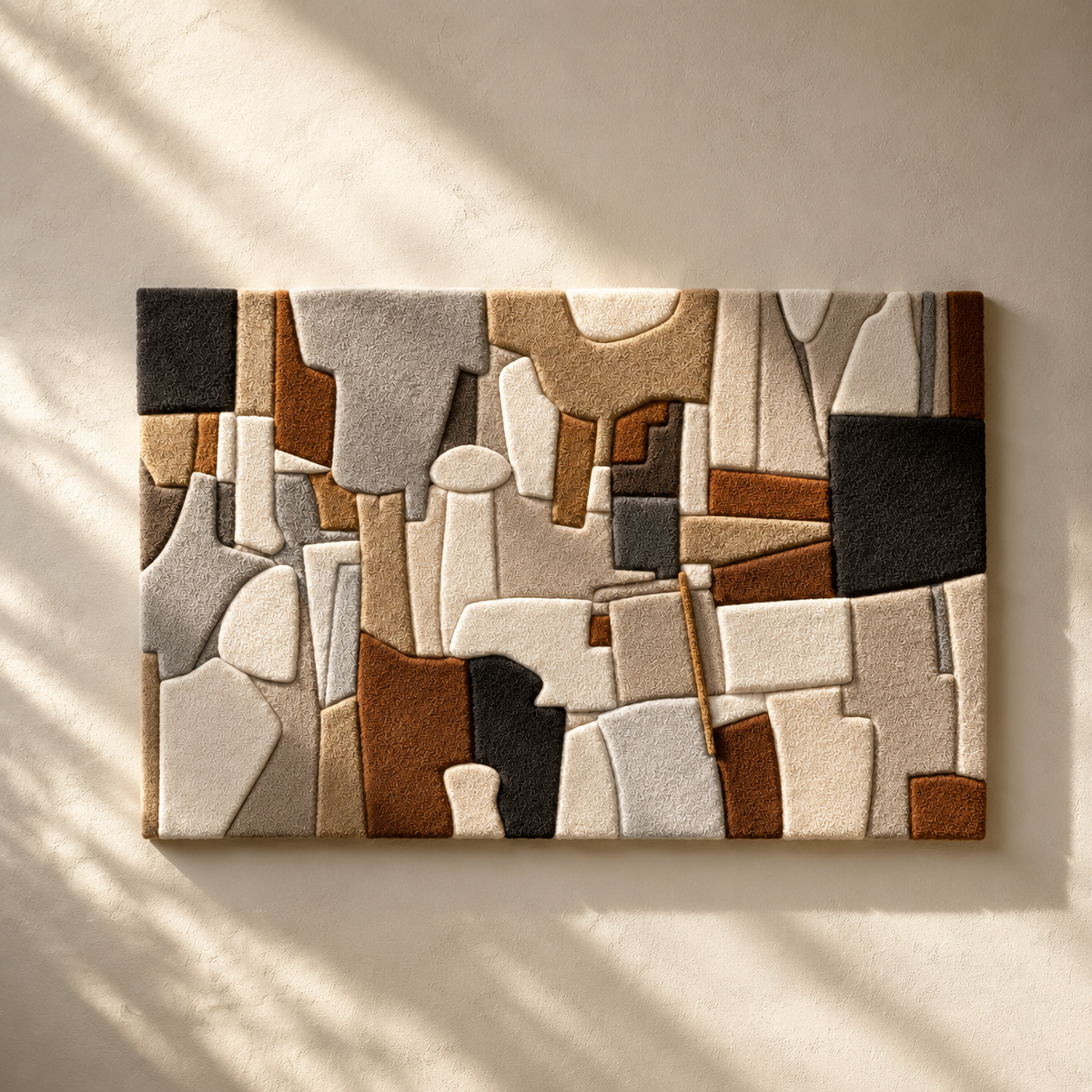 Hewn Earth Cubist Block Abstract wall art featuring geometric shapes and earthy tones, modern decor for living spaces.