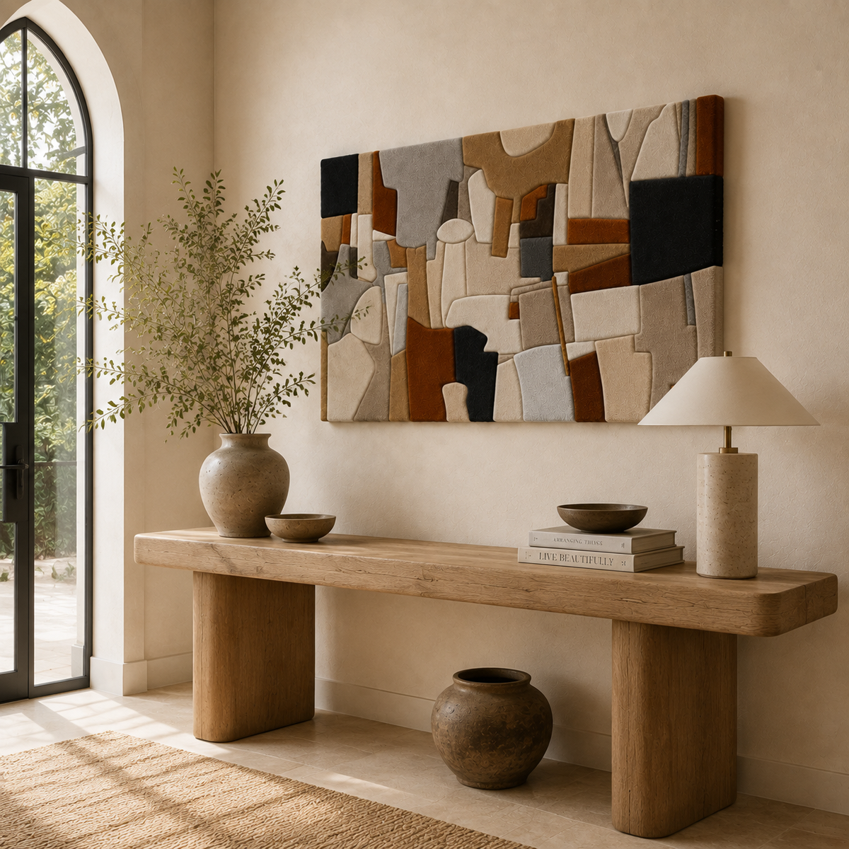 Abstract cubist wall art by Hewn Earth featuring geometric shapes and earthy tones, suitable for modern home decor.