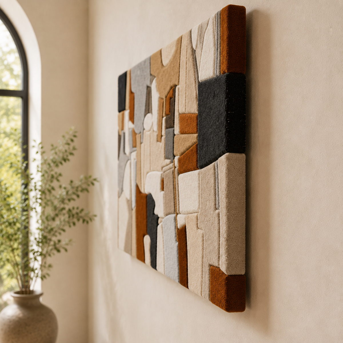 Abstract cubist wall art by Hewn Earth, featuring geometric shapes and earthy tones in a modern design.