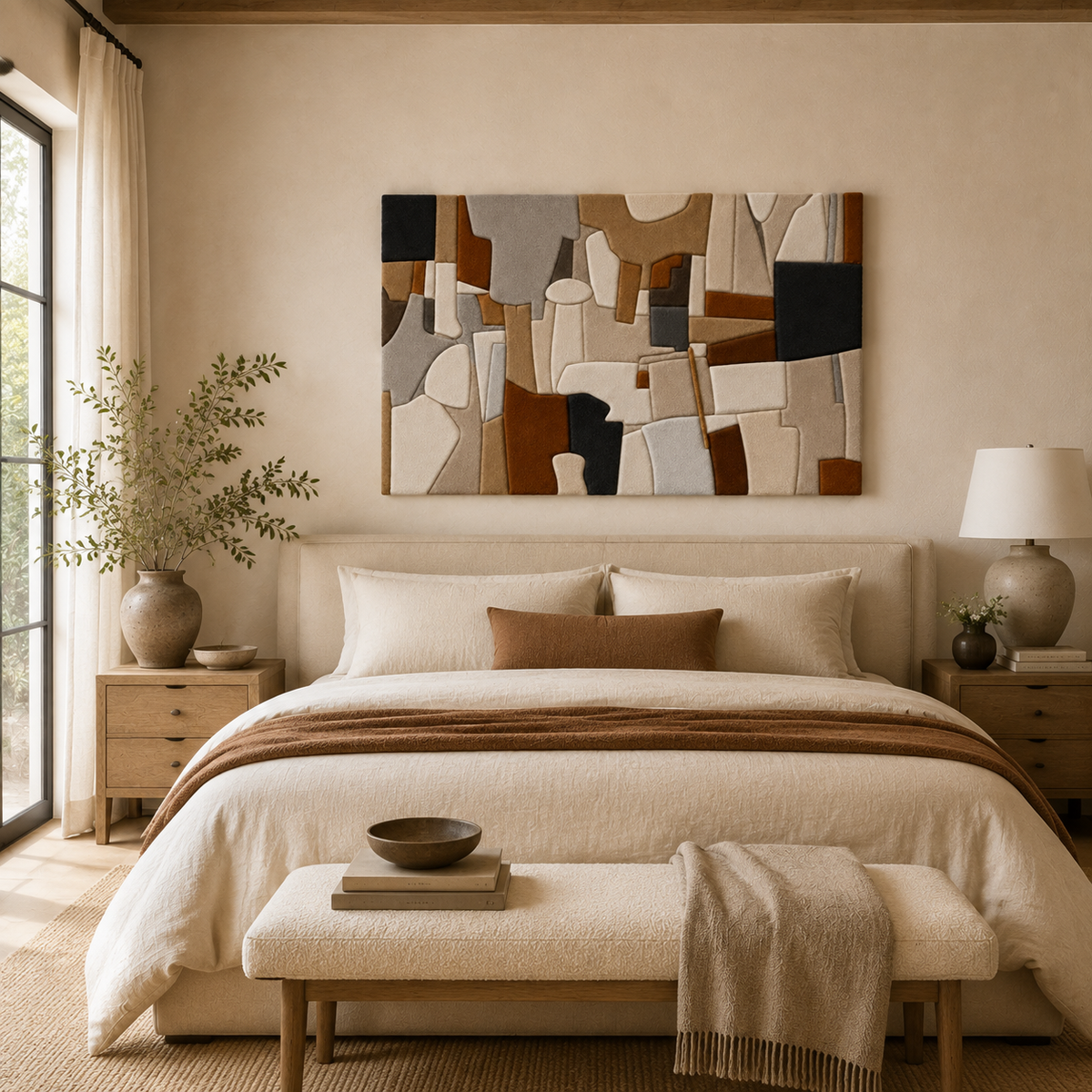 Abstract cubist wall art by Hewn Earth featuring geometric shapes and bold colors in a modern design, suitable for contemporary interiors.