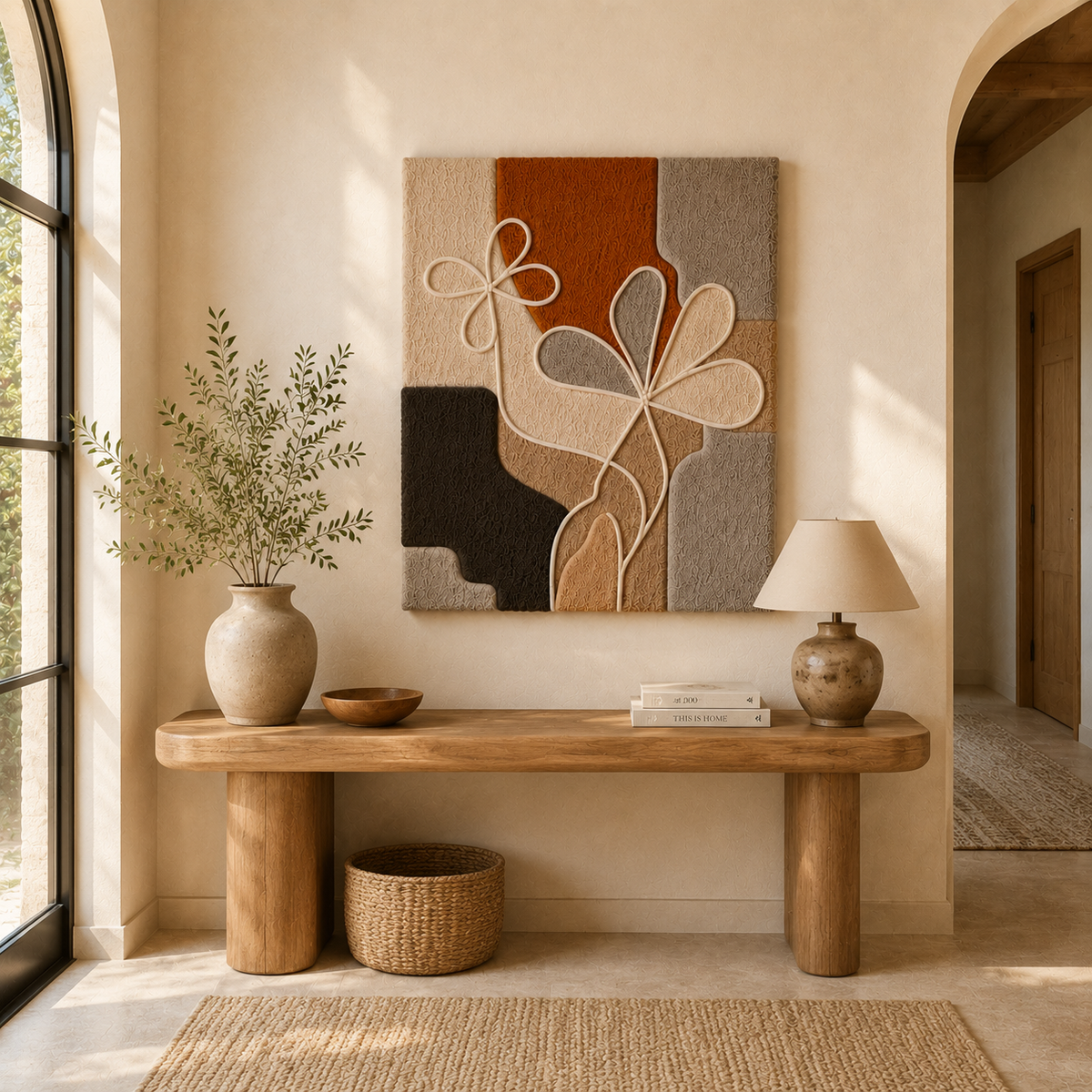 Hewn Earth floral modernist abstract wall art with vibrant colors and bold shapes, suitable for contemporary interior decor.