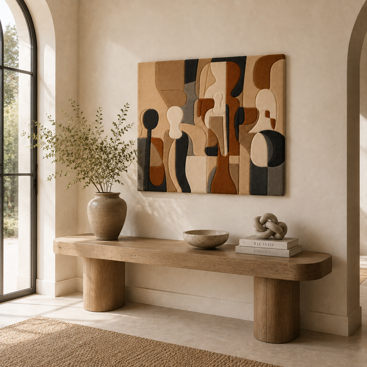 Abstract cubist wall art by Hewn Earth, featuring geometric shapes and neutral tones in a modern art display.