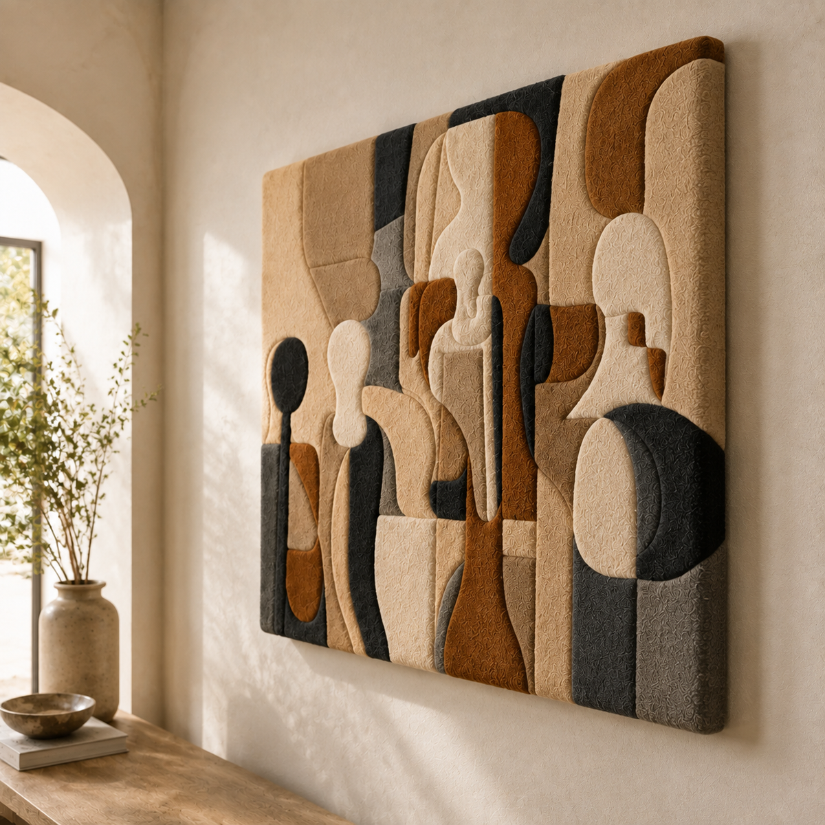 Abstract cubist wall art by Hewn Earth, featuring a geometric figure design in neutral tones on a white background.