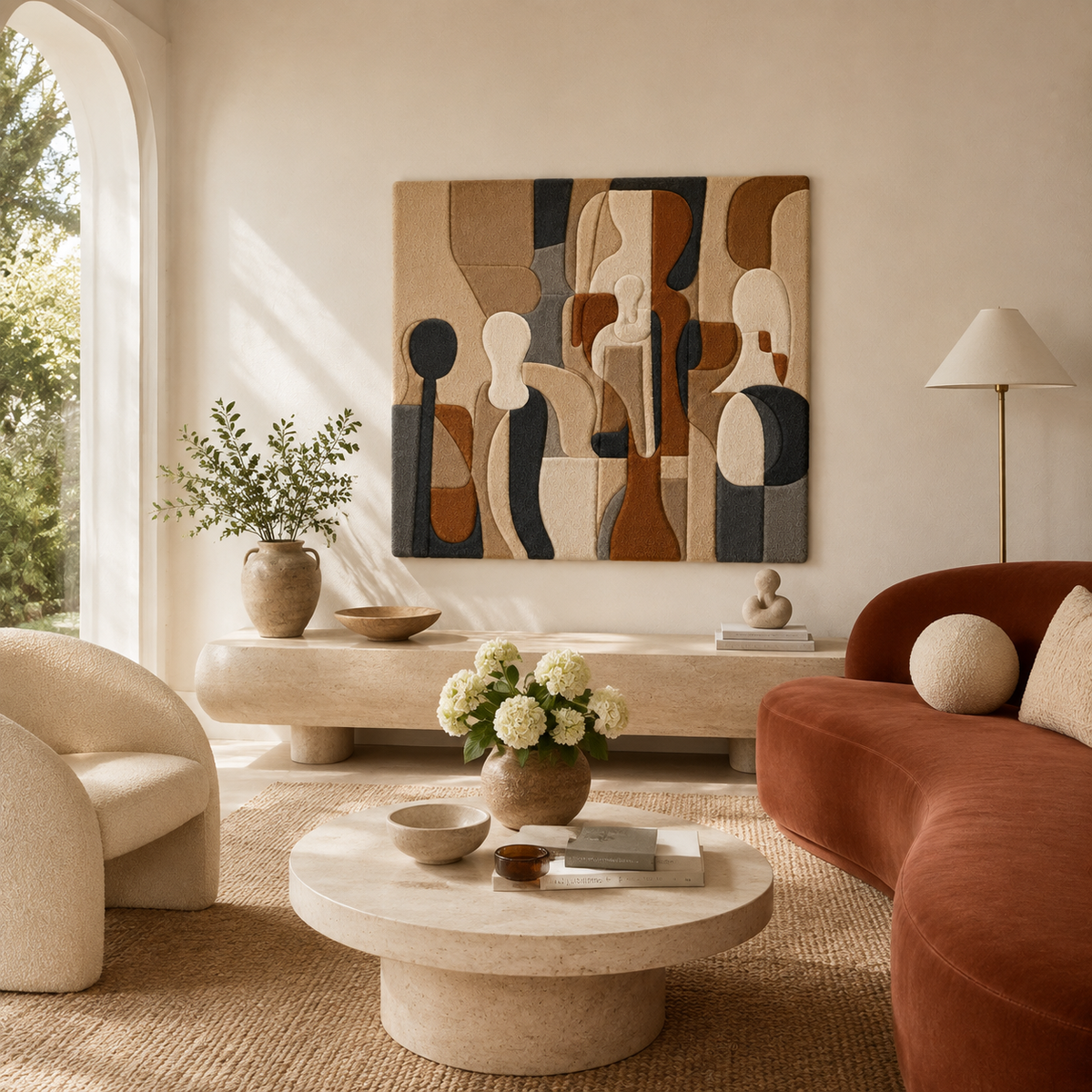 Abstract cubist wall art by Hewn Earth, featuring geometric shapes and neutral tones, suitable for modern home decor.