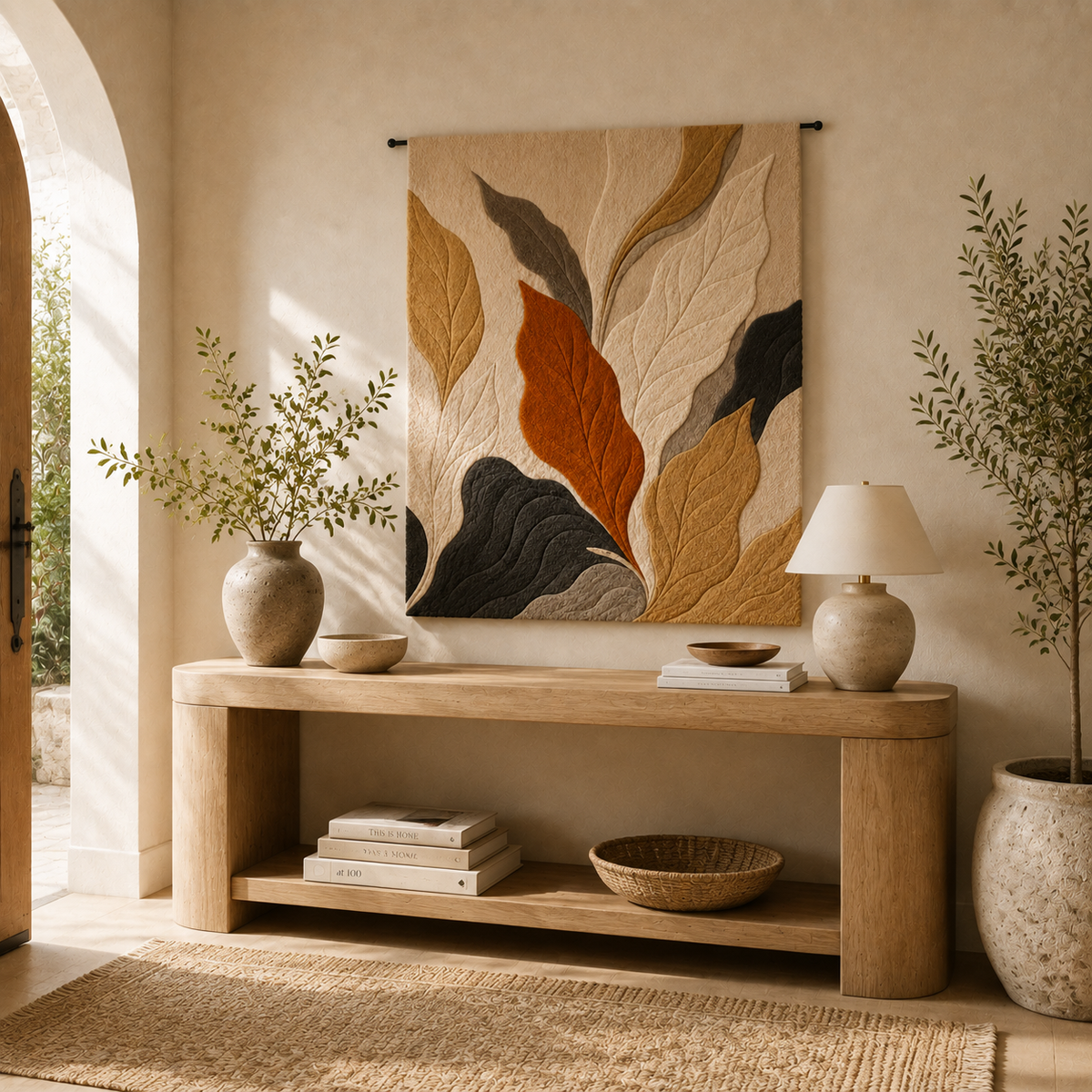 Hewn Earth Botanical Leaves wall art featuring detailed green leaf illustrations on a neutral background.