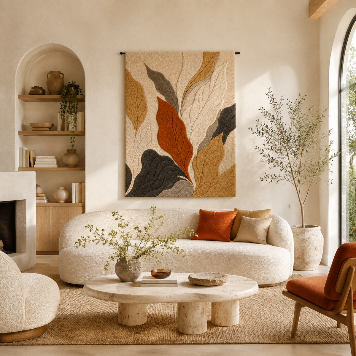 Hewn Earth Botanical Leaves wall art featuring detailed green and beige leaf illustrations on a neutral background.